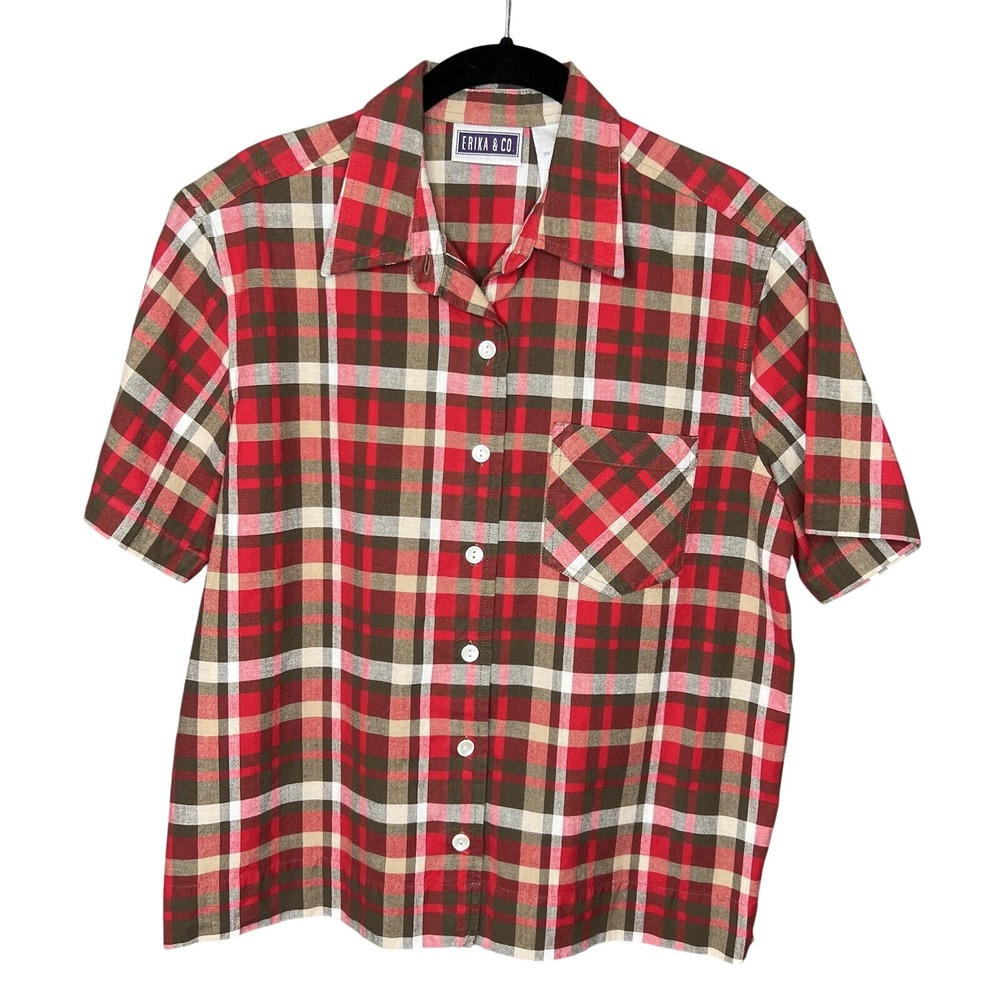 Erika & Co Womens Red Olive Green Plaid Cotton‎ Short Sleeve Button Up Shirt M